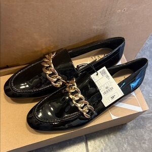 Zara Black Patent Loafers with Gold Chain